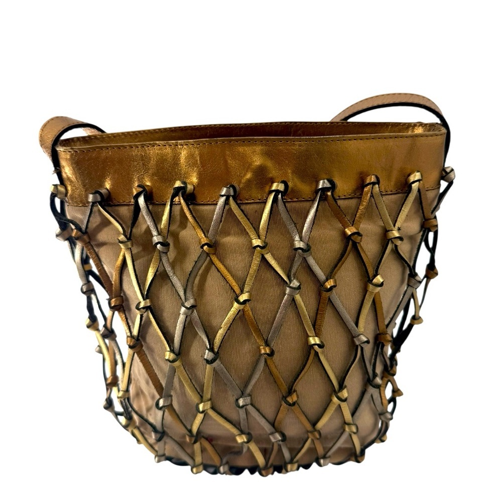 Maripe Genuine Leather Woven Lattice Shoulder Bag Metallic Gold Silver Copper